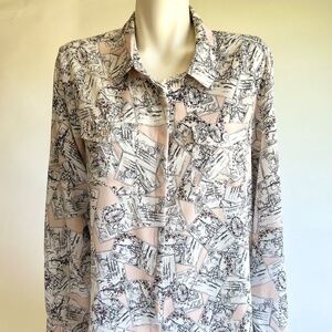 New Karl Lagerfeld Light Pink White Black Polyester Long Sleeve Blouse size L